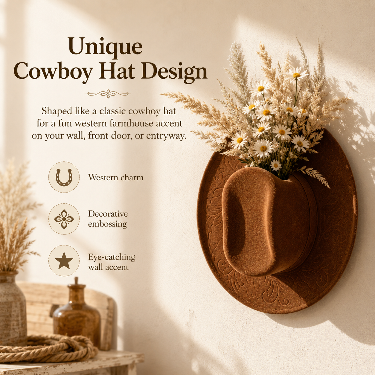 Cowboy Hat Wall Vase Decor, Western Farmhouse Wall Planter for Flowers