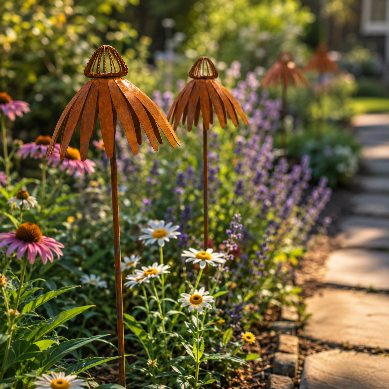 Rustic Metal Coneflower Garden Stakes, Weathered Metal Flower Yard Decor