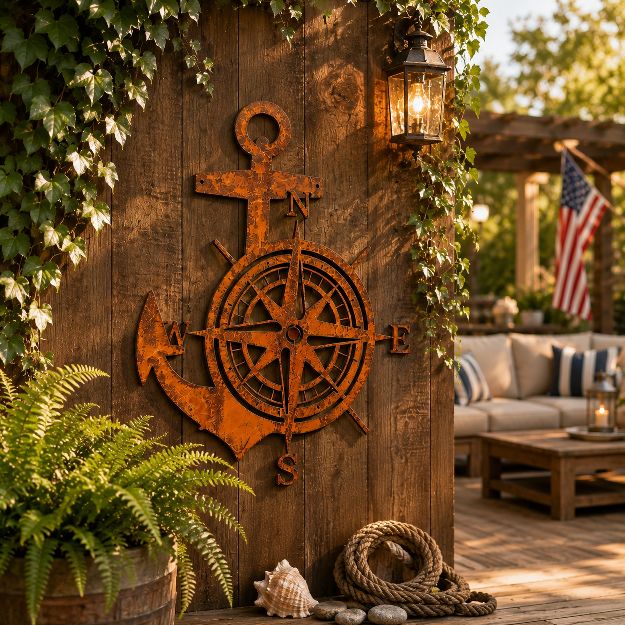 Anchor Compass Metal Wall Decor, Rustic Nautical Wall Art, Coastal Farmhouse Anchor Compass Sign for Porch