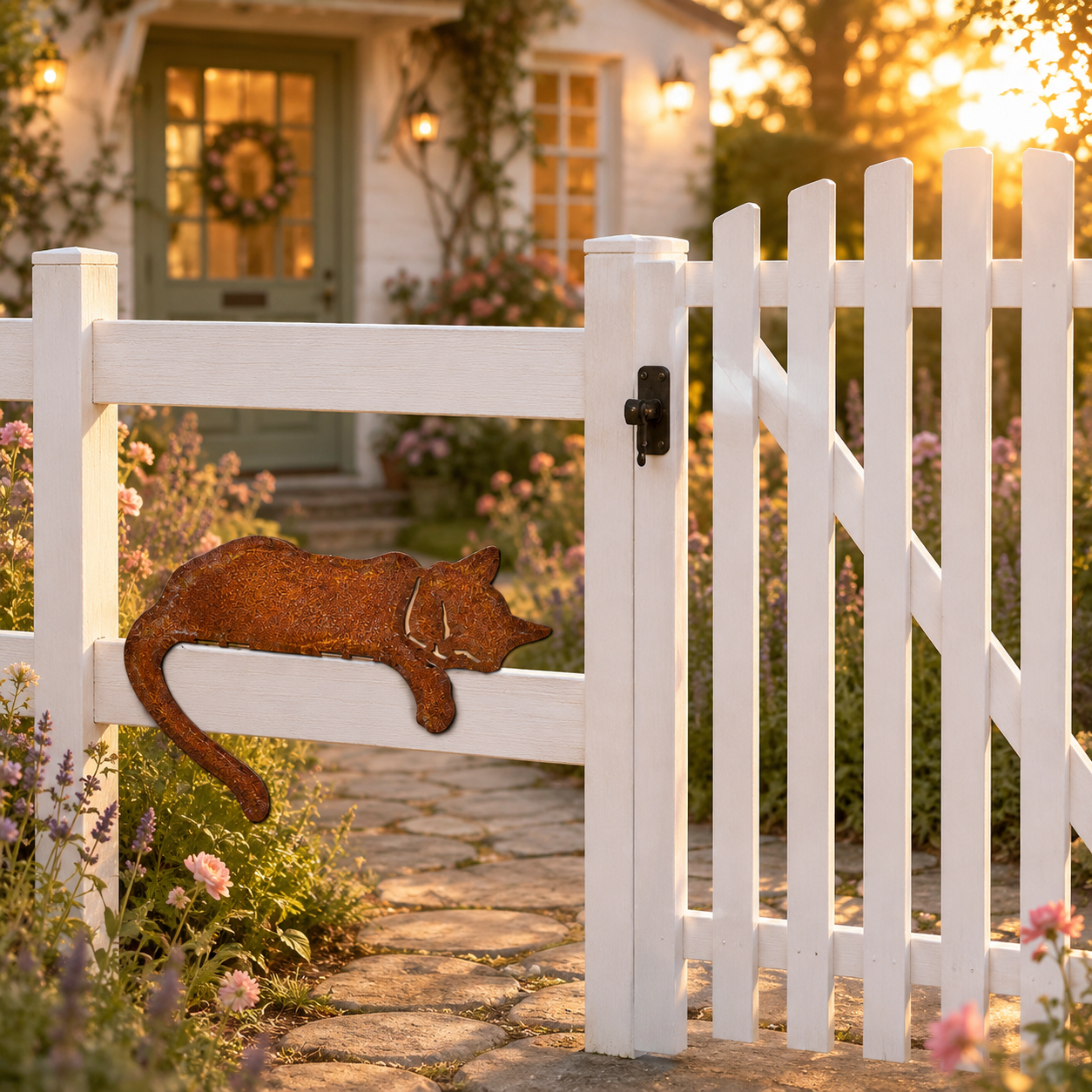 Rusty Sleeping Cat Metal Decor for Fence, Garden, Porch & Yard