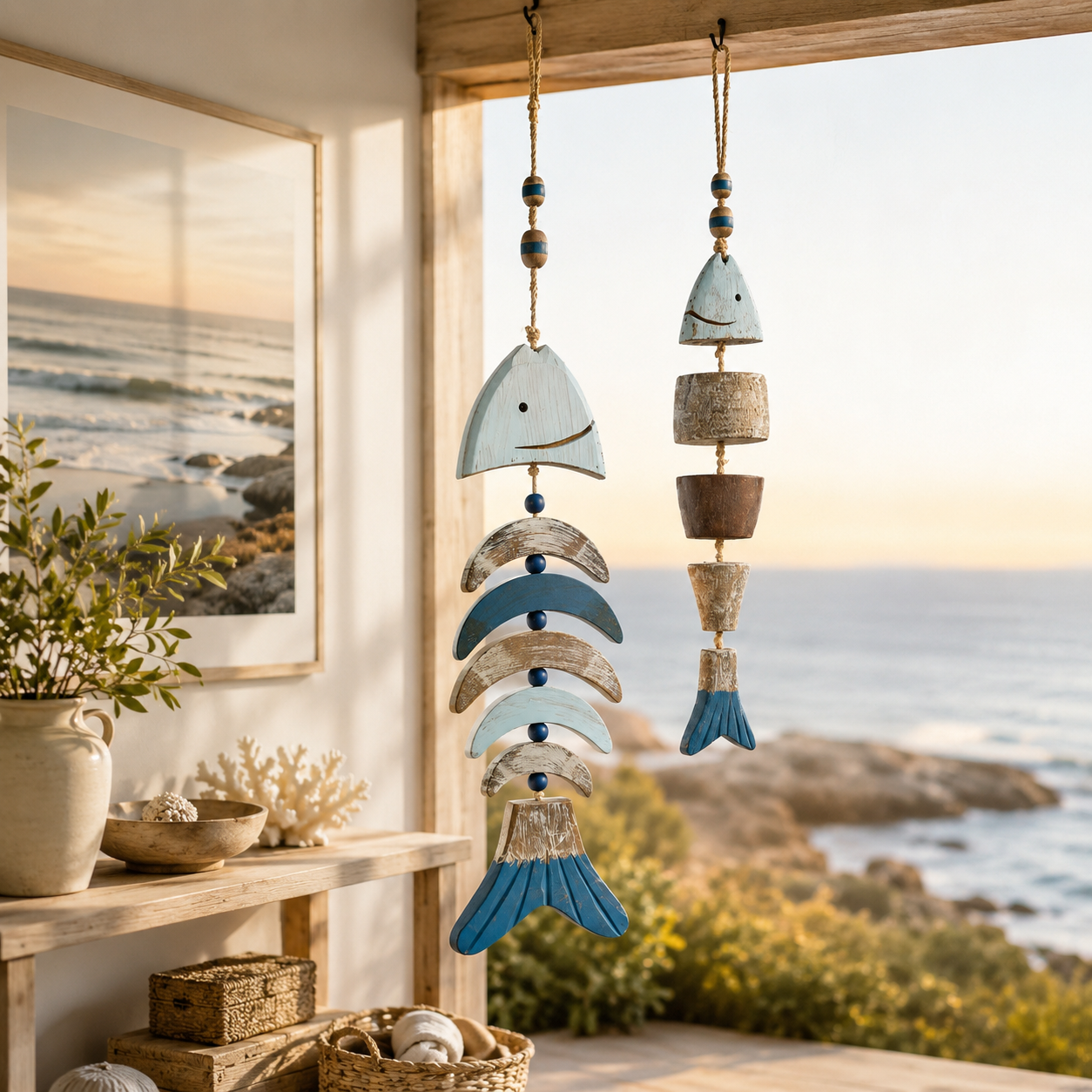 Coastal Fish Wooden Hanging Decor with Remote-Controlled Warm White String Lights