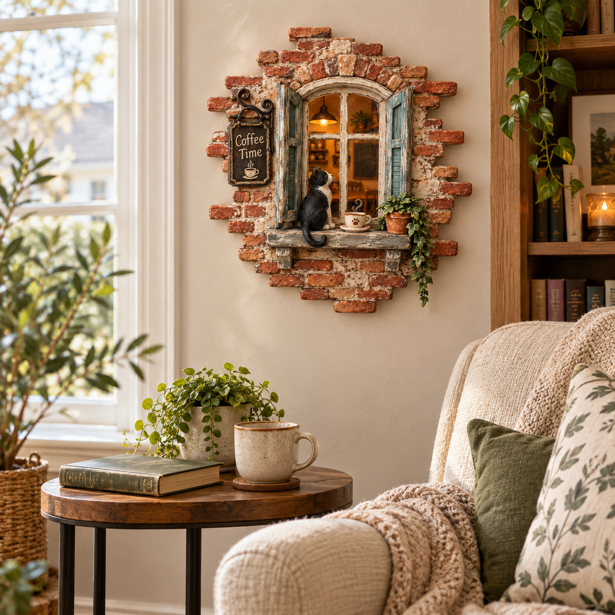Rustic Cat Coffee Window Wall Decor with LED Light