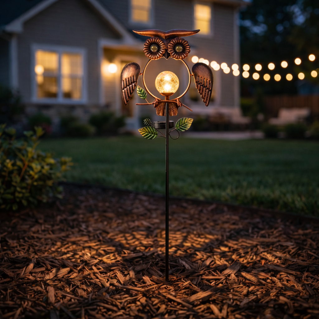 Solar Wrought Iron Owl Garden Statue with Crackle Glass Globe