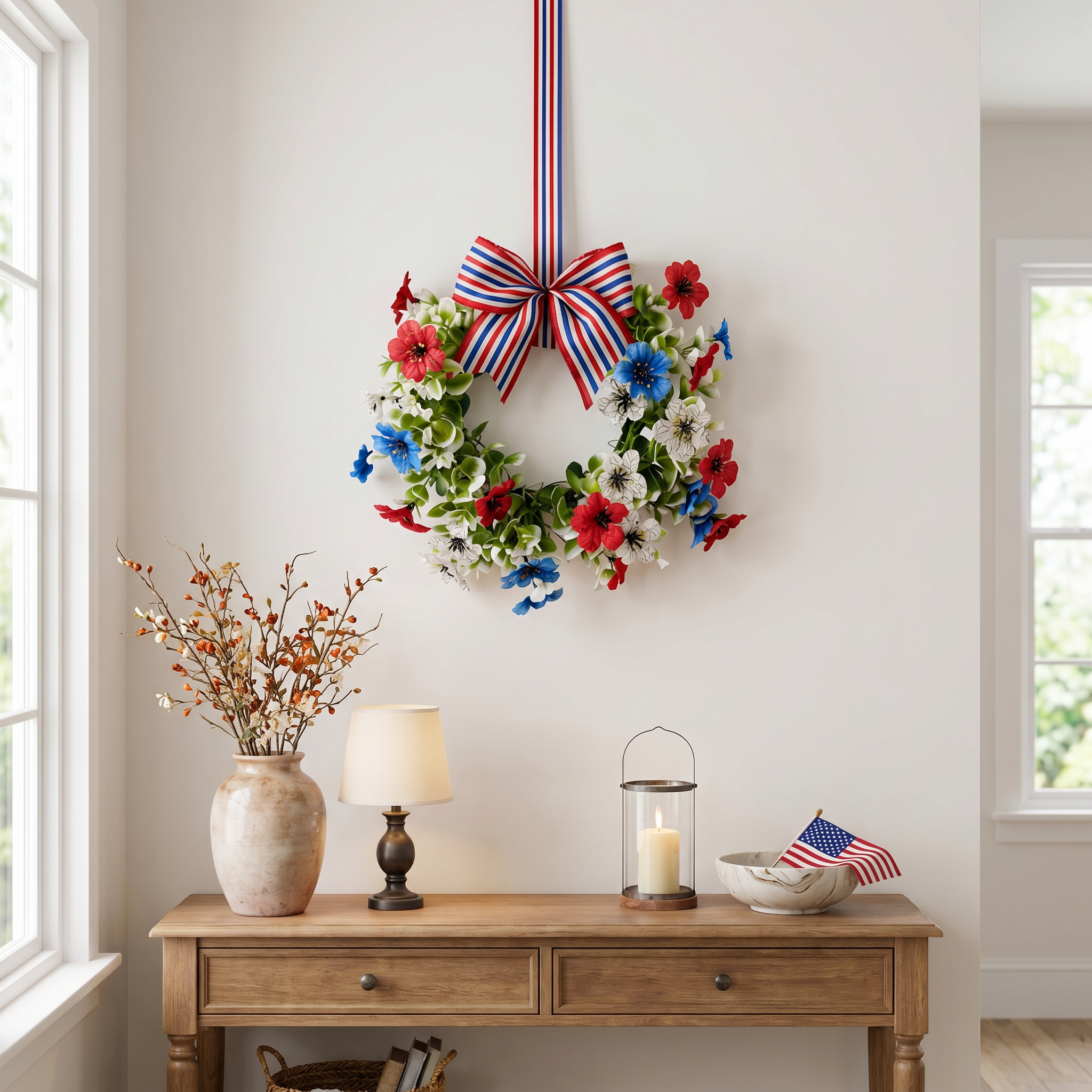 Patriotic Floral Wreath with Striped Bow