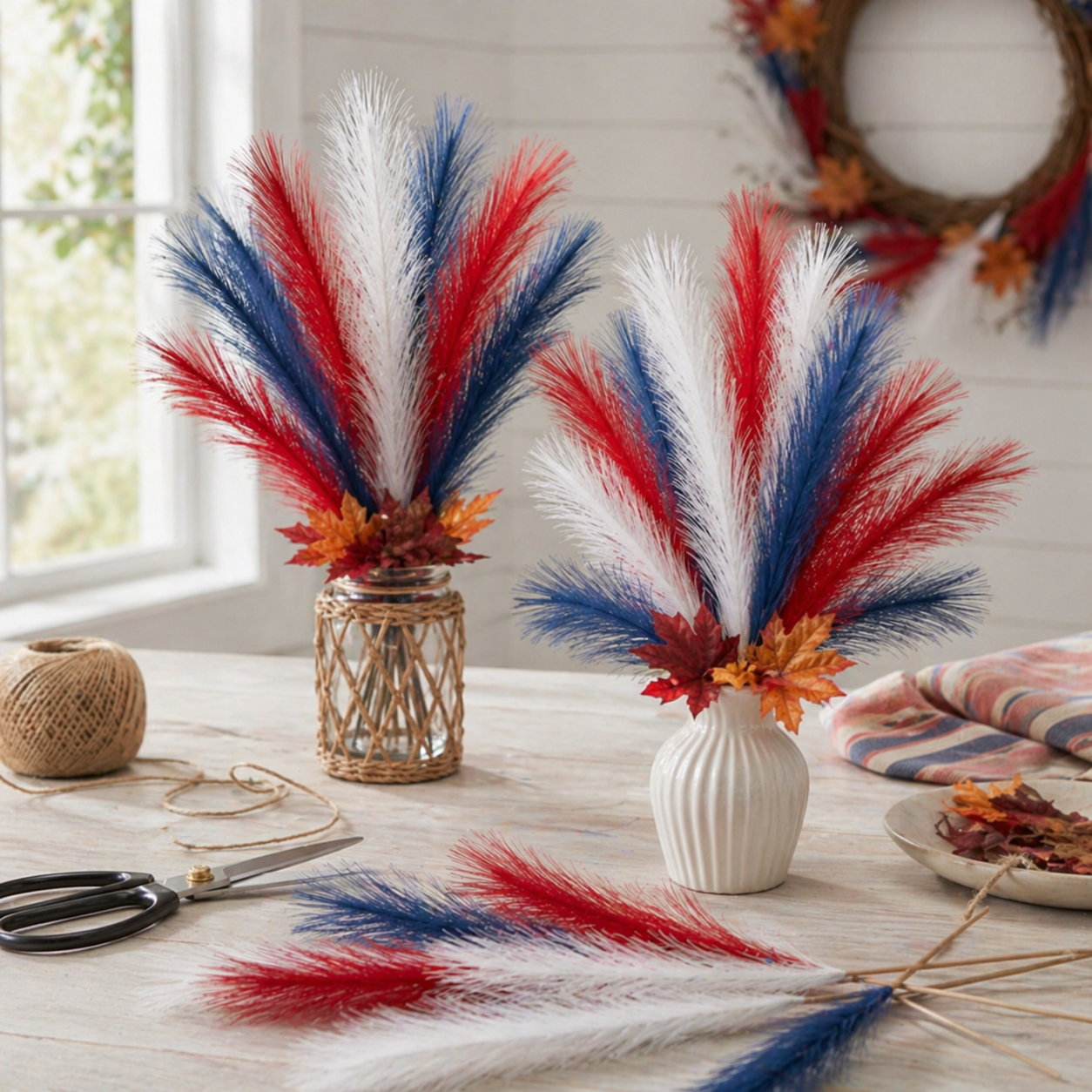 9PCS Patriotic Pampas Grass Stems