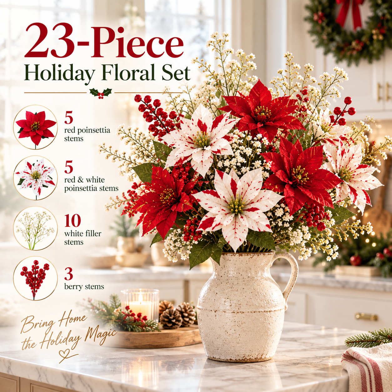 23pcs Christmas Artificial Poinsettia Flower Set