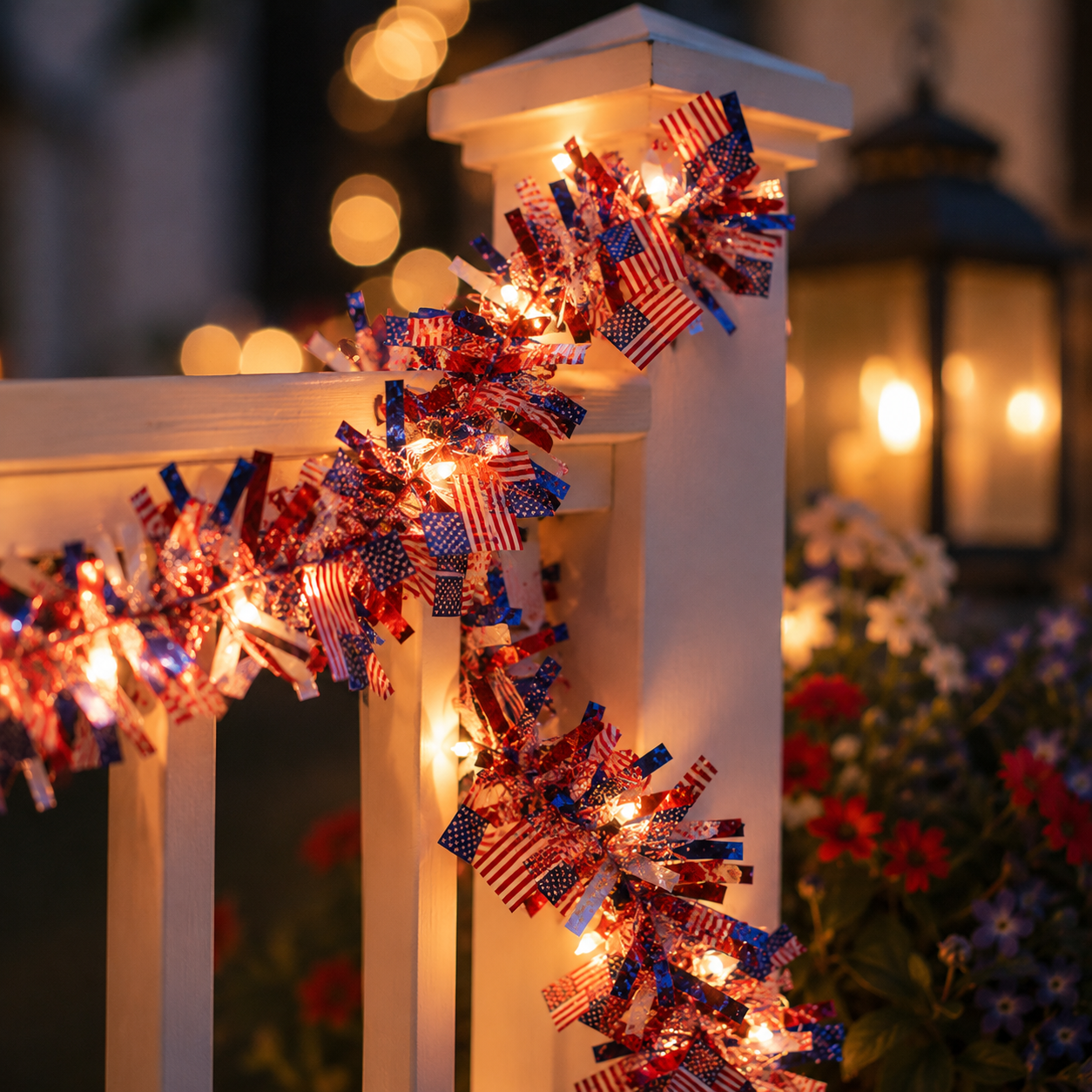 2-Pack 5m Patriotic LED Tinsel Garland – 50 Warm Lights