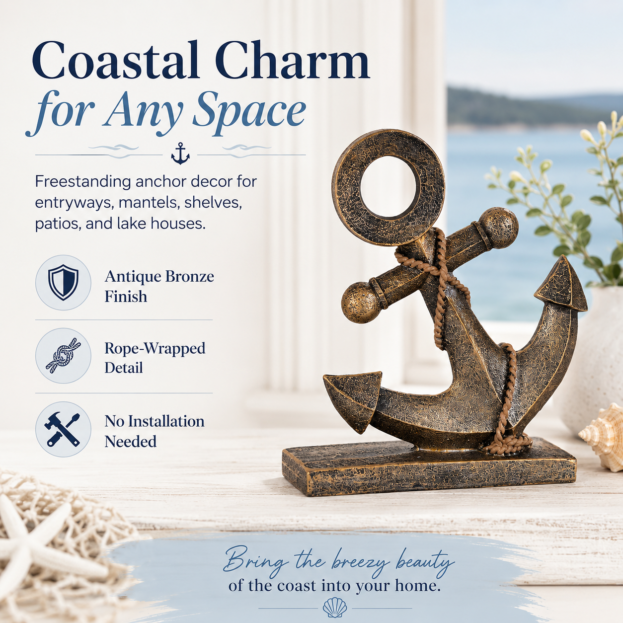 Freestanding Nautical Anchor Decor, Antique Bronze Coastal Tabletop & Garden Accent