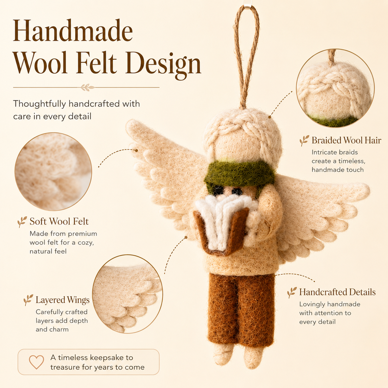 Handmade Wool Felt Reading Angel Ornament