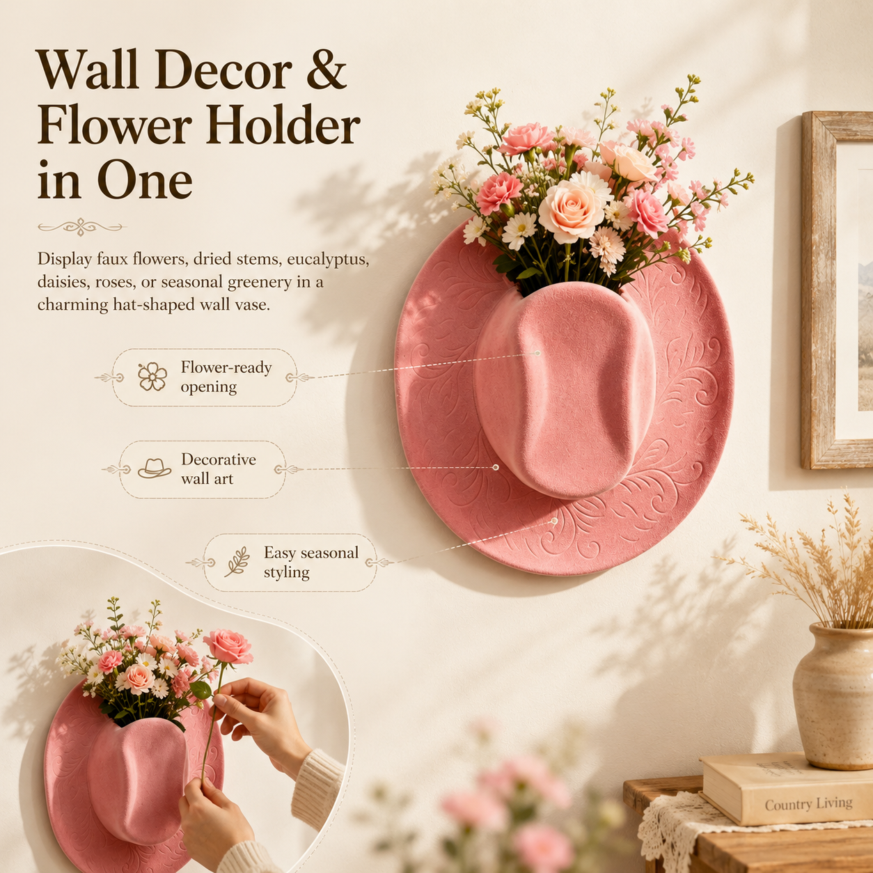 Cowboy Hat Wall Vase Decor, Western Farmhouse Wall Planter for Flowers