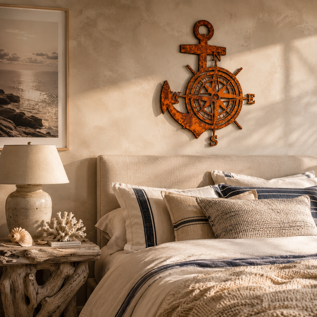 Anchor Compass Metal Wall Decor, Rustic Nautical Wall Art, Coastal Farmhouse Anchor Compass Sign for Porch