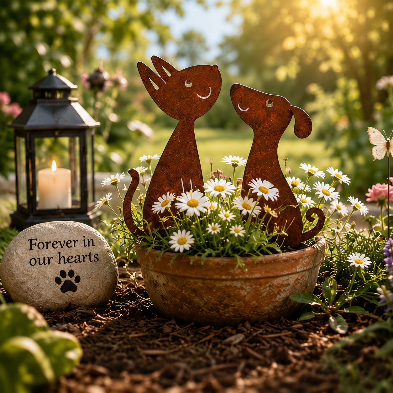 Rusty Cat and Dog Metal Garden Stakes