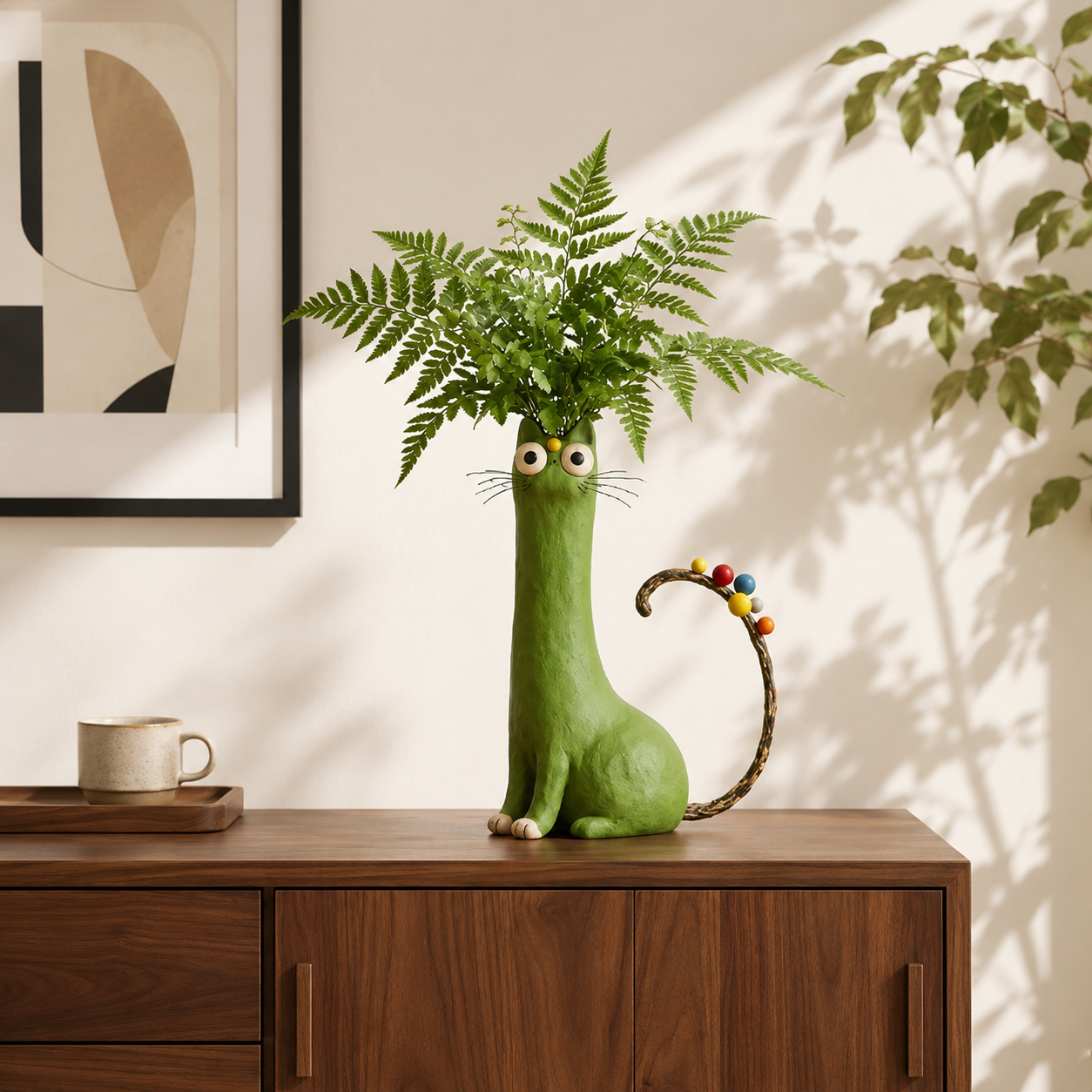 Whimsical Green Cat Vase