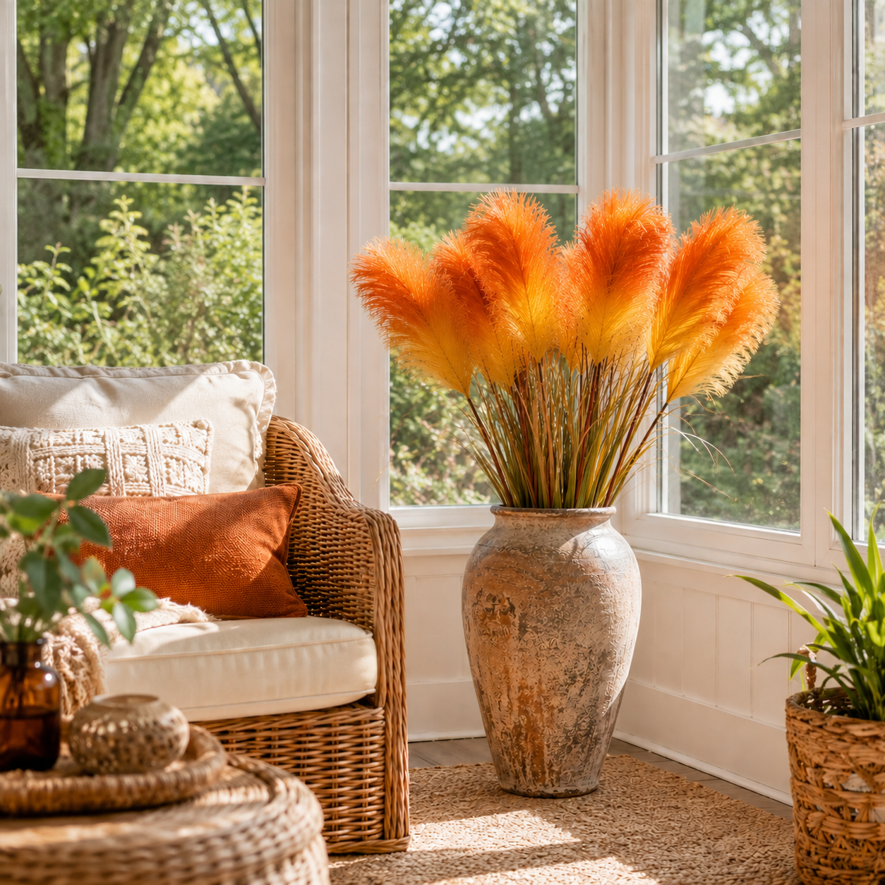 2 Bundles Artificial Pampas Grass Bouquet, 31.5 in Tall Fall Faux Pampas Grass Stems, 3 Plumes Per Bundle