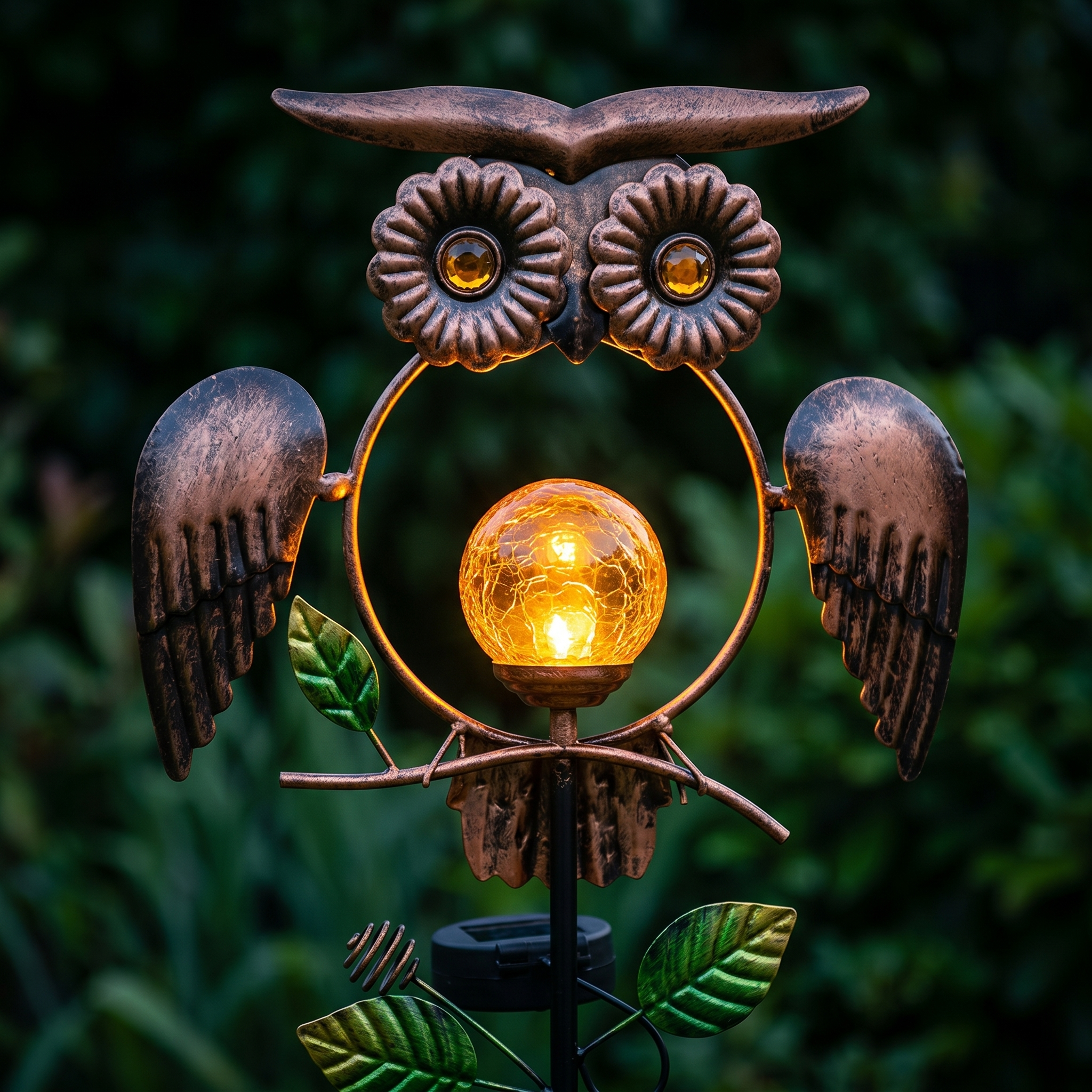 Solar Wrought Iron Owl Garden Statue with Crackle Glass Globe