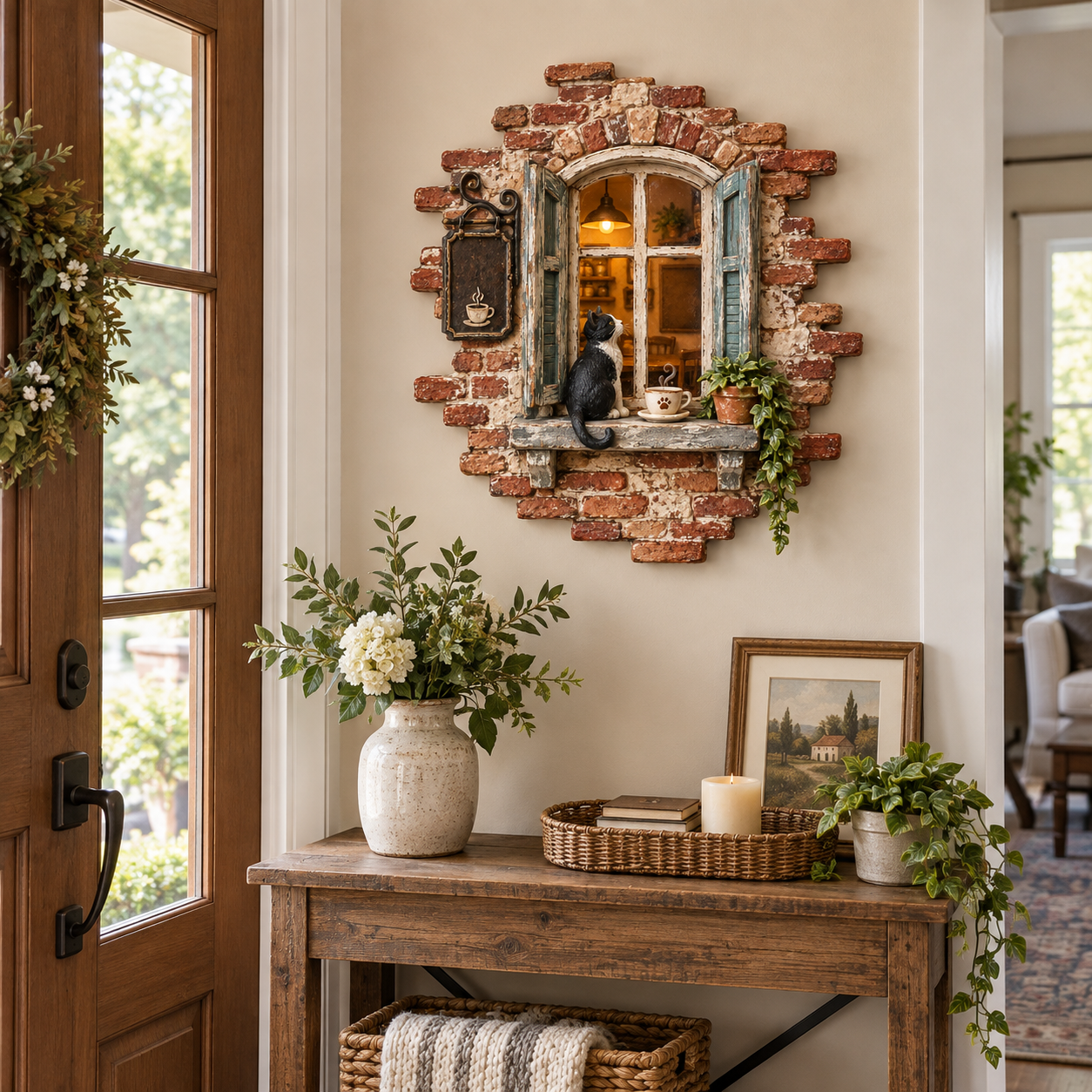 Rustic Cat Coffee Window Wall Decor with LED Light