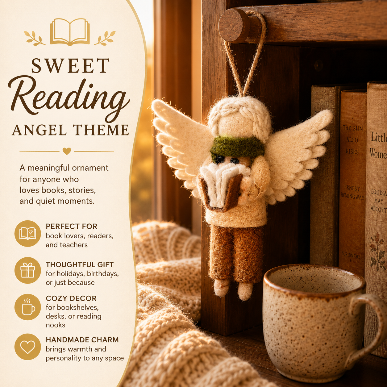 Handmade Wool Felt Reading Angel Ornament