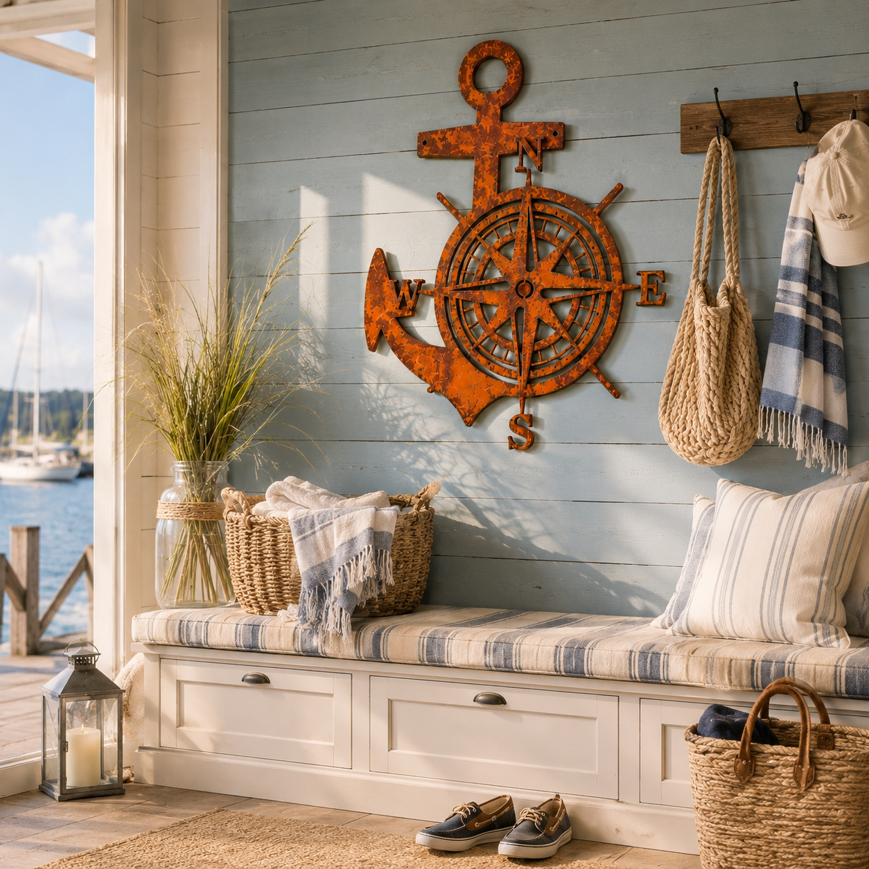 Anchor Compass Metal Wall Decor, Rustic Nautical Wall Art, Coastal Farmhouse Anchor Compass Sign for Porch