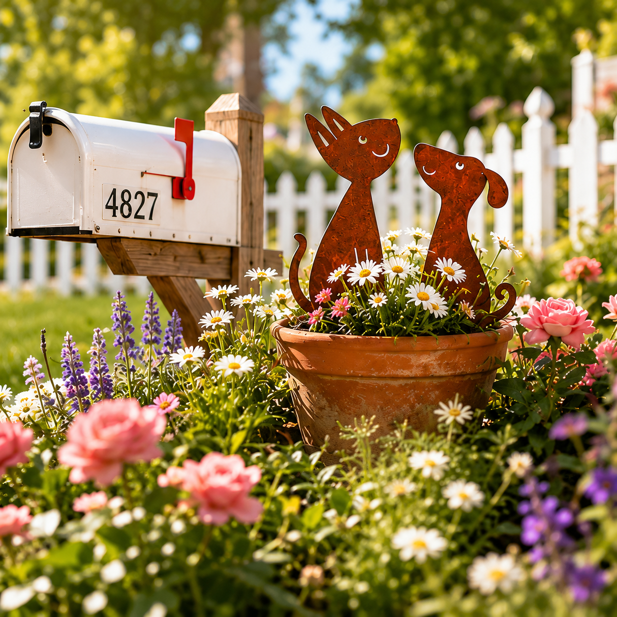Rusty Cat and Dog Metal Garden Stakes