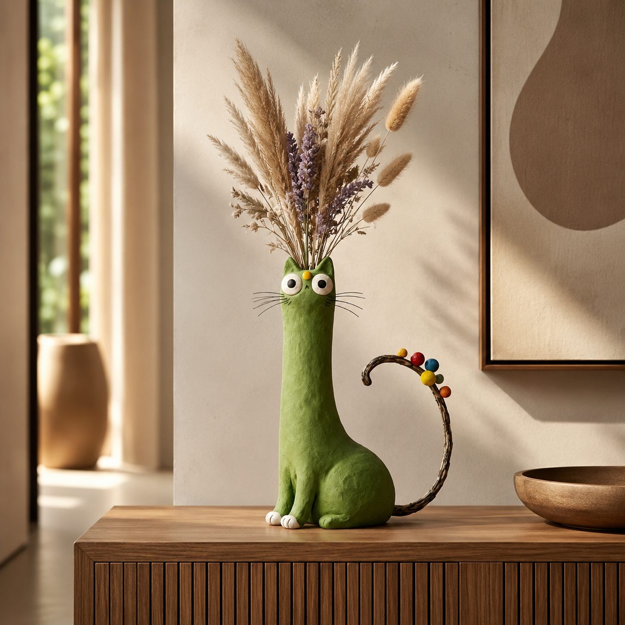 Whimsical Green Cat Vase