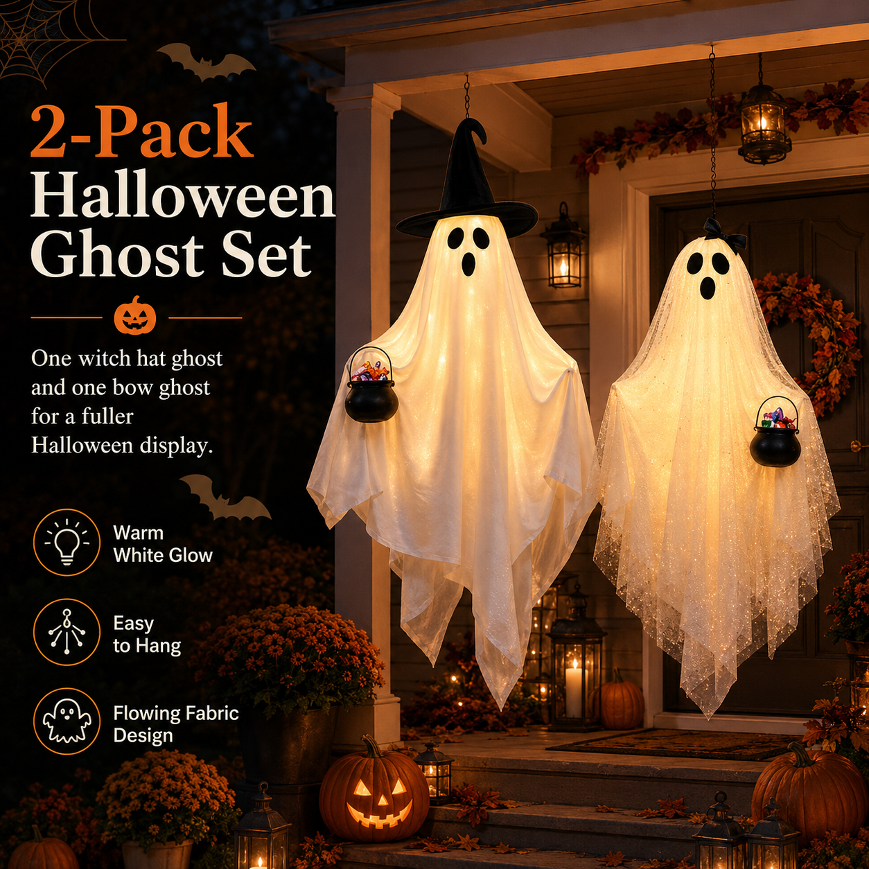 2 Pack Lighted Hanging Ghost Decorations with Remote