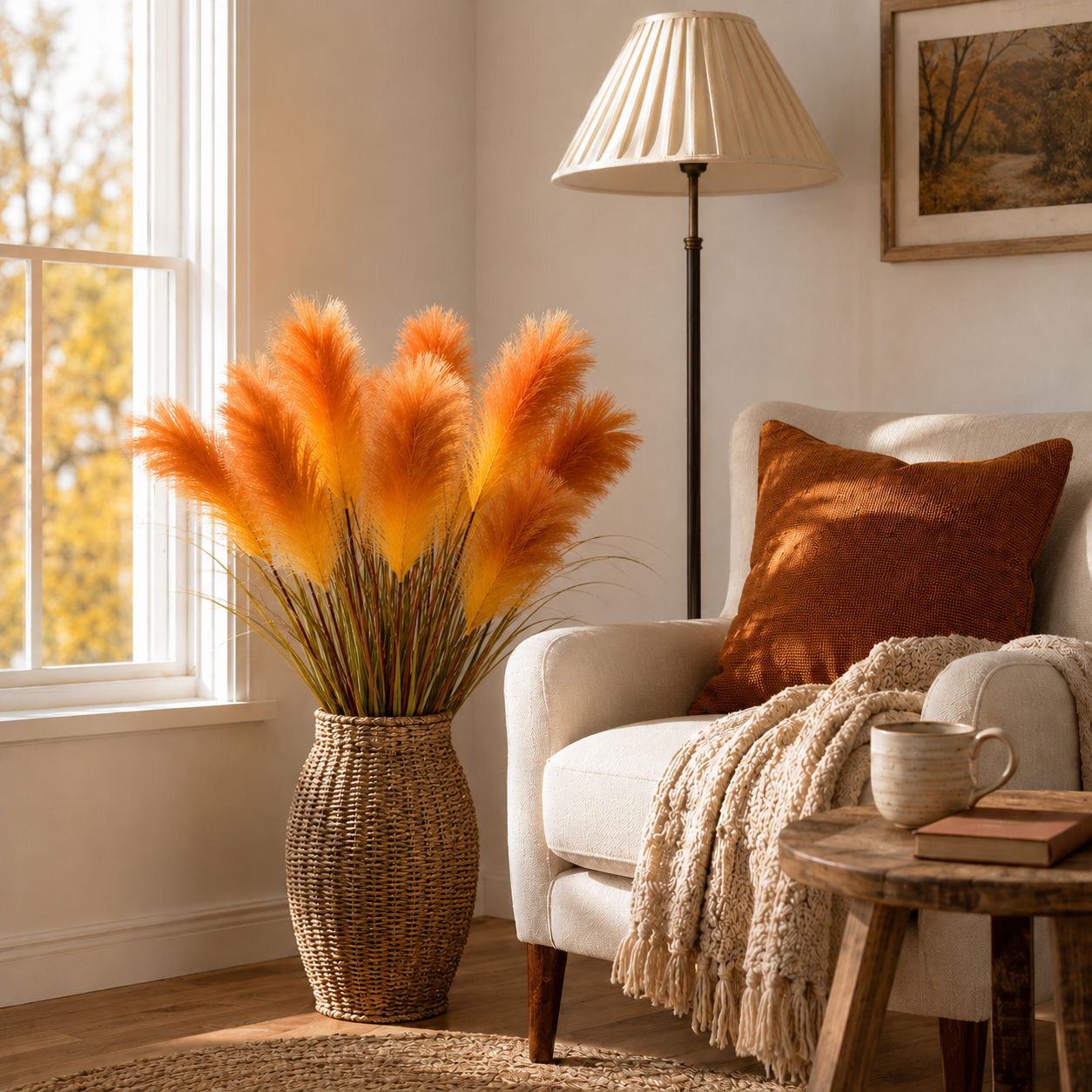 2 Bundles Artificial Pampas Grass Bouquet, 31.5 in Tall Fall Faux Pampas Grass Stems, 3 Plumes Per Bundle