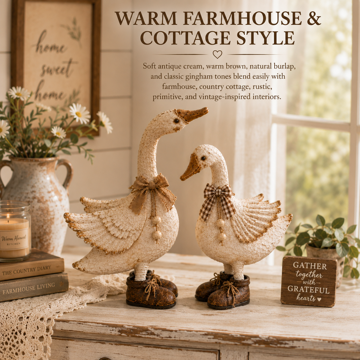 Rustic Farmhouse Goose Figurines Set of 2