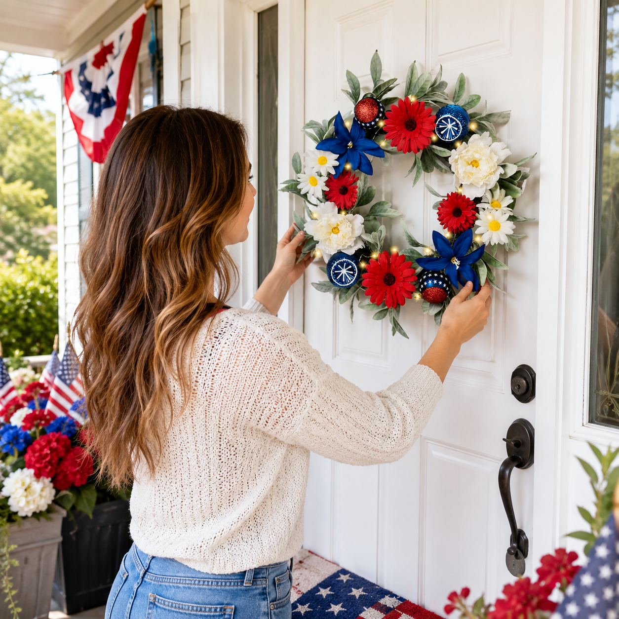 Lighted Patriotic Floral Wreath with Red, White & Blue Flowers