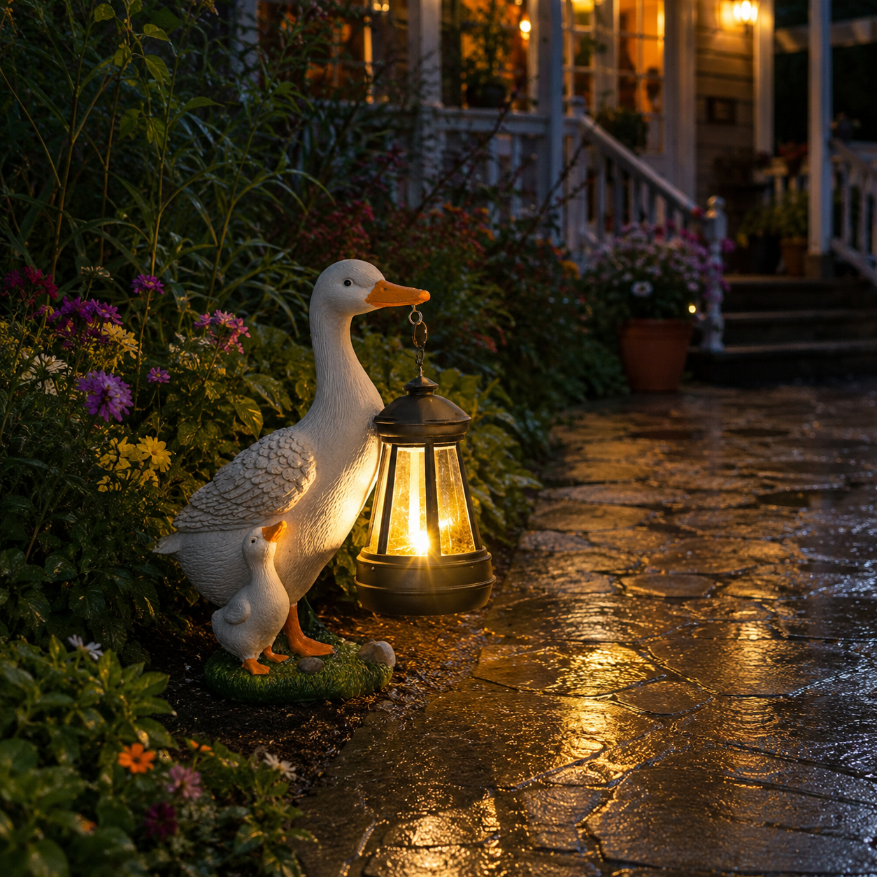 Solar White Duck Lantern Garden Decor