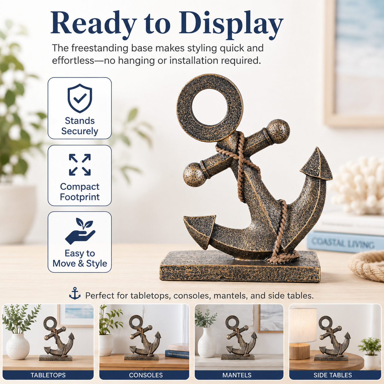 Freestanding Nautical Anchor Decor, Antique Bronze Coastal Tabletop & Garden Accent