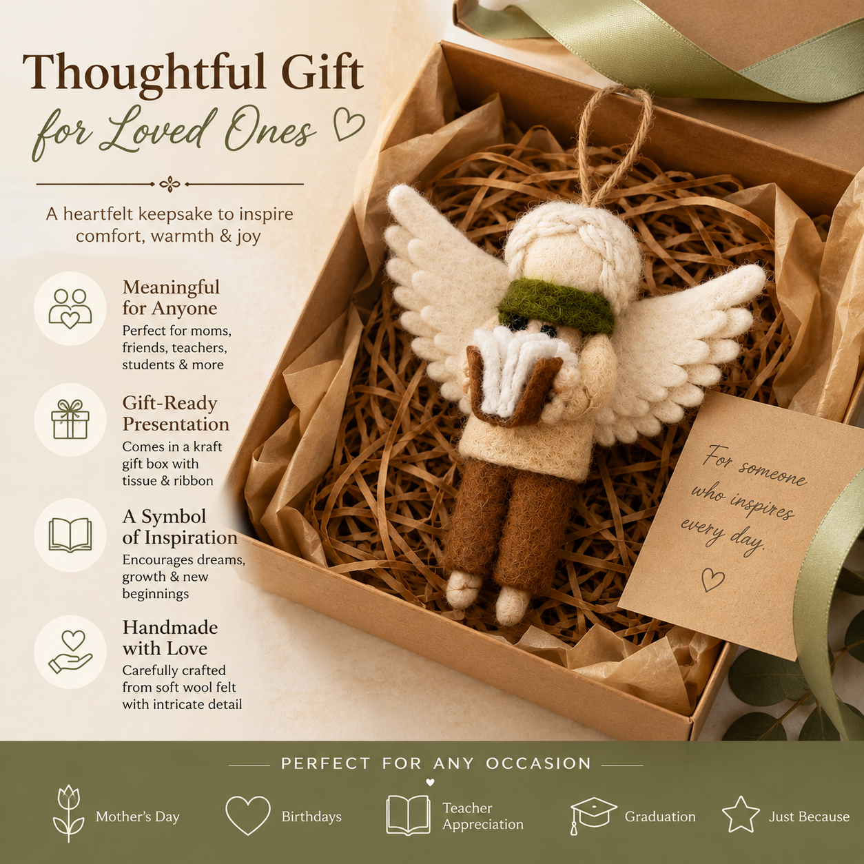Handmade Wool Felt Reading Angel Ornament