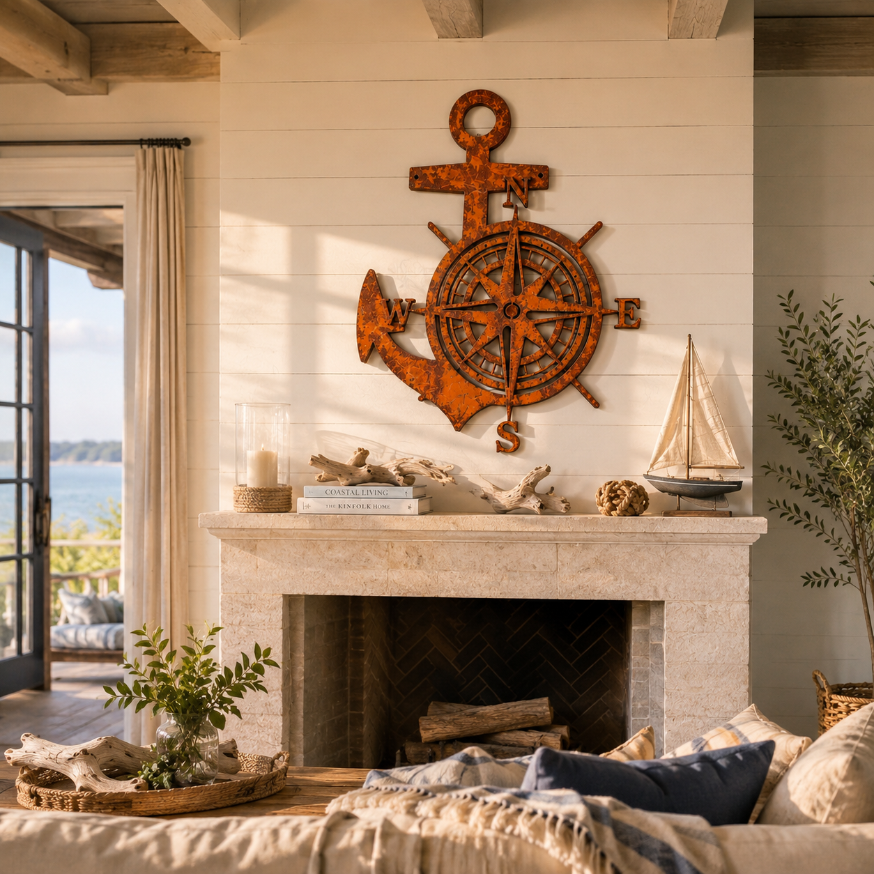 Anchor Compass Metal Wall Decor, Rustic Nautical Wall Art, Coastal Farmhouse Anchor Compass Sign for Porch
