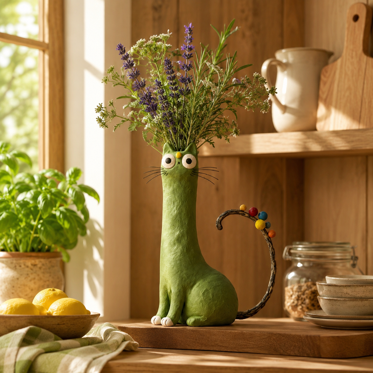 Whimsical Green Cat Vase