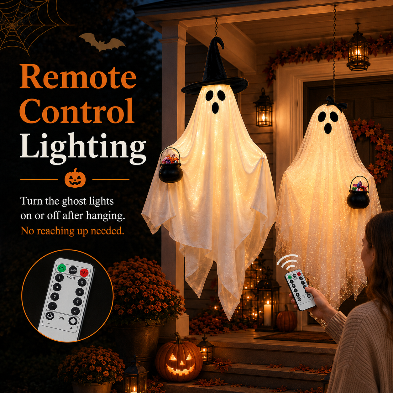 2 Pack Lighted Hanging Ghost Decorations with Remote