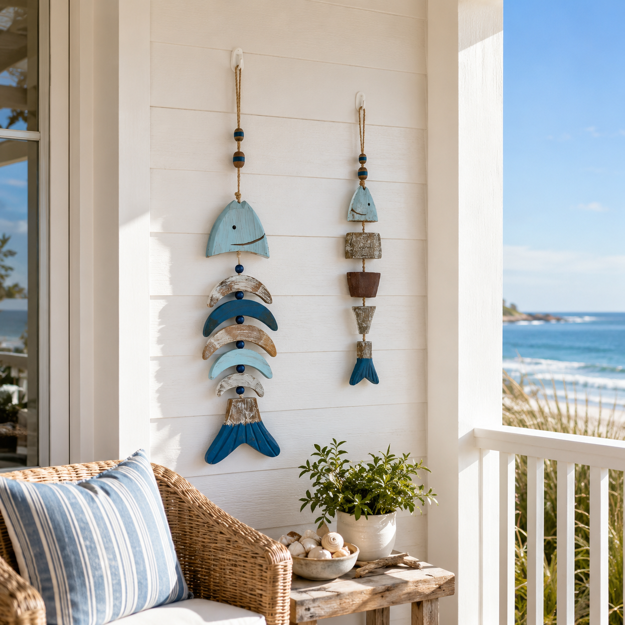 Coastal Fish Wooden Hanging Decor with Remote-Controlled Warm White String Lights
