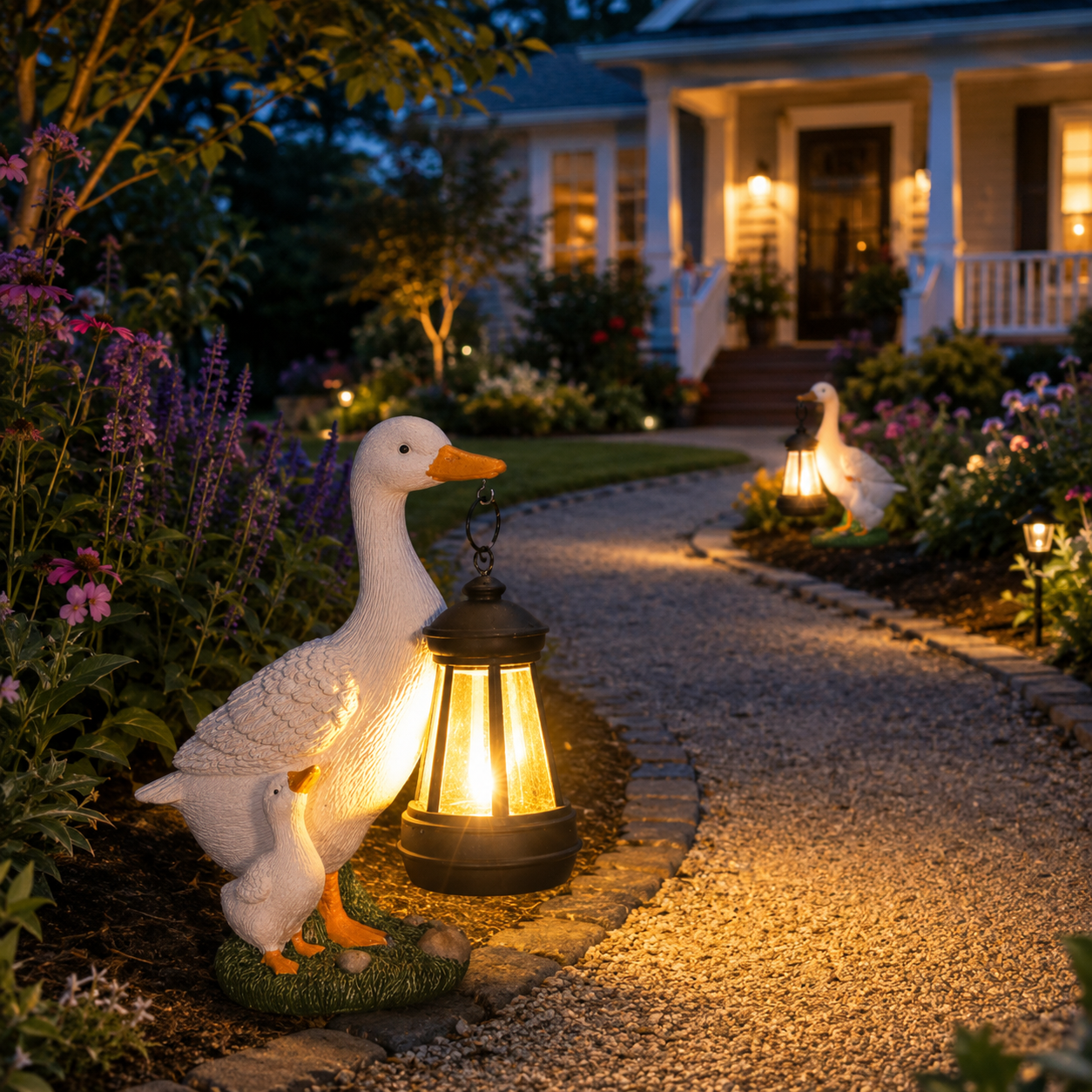 Solar White Duck Lantern Garden Decor