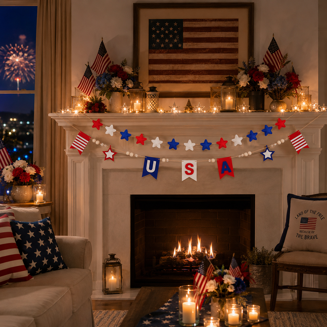 250 Patriotic USA Star & Wood Bead Hanging Banner