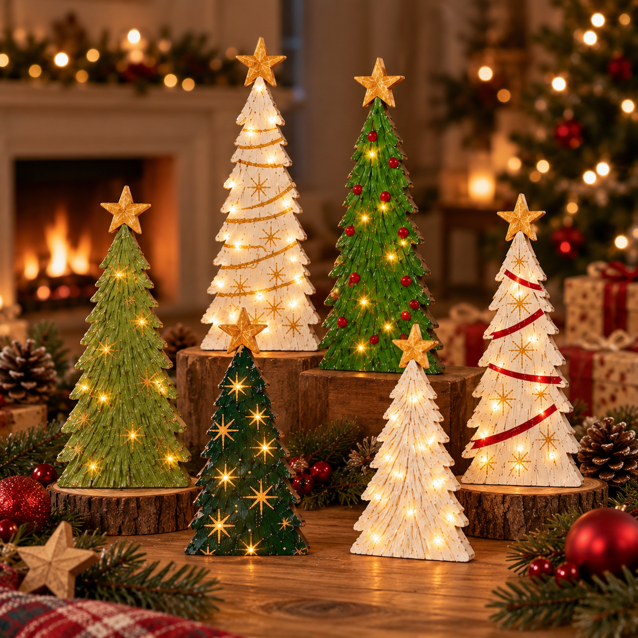 Vintage Lighted Wooden Christmas Trees – Set of 6