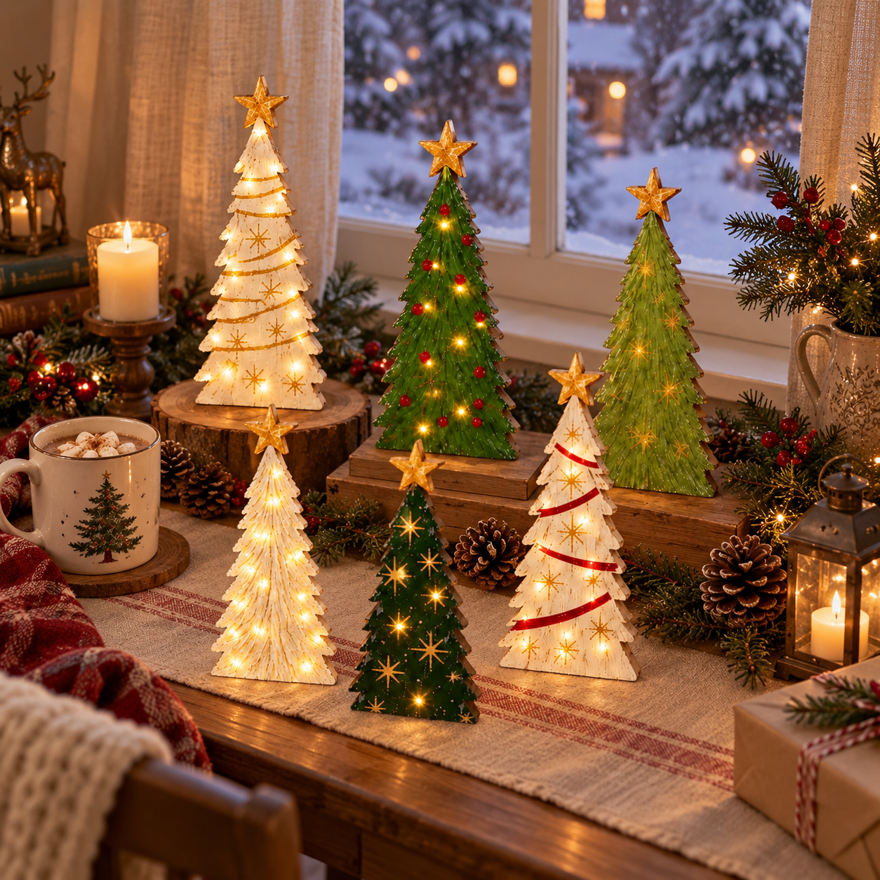 Vintage Lighted Wooden Christmas Trees – Set of 6