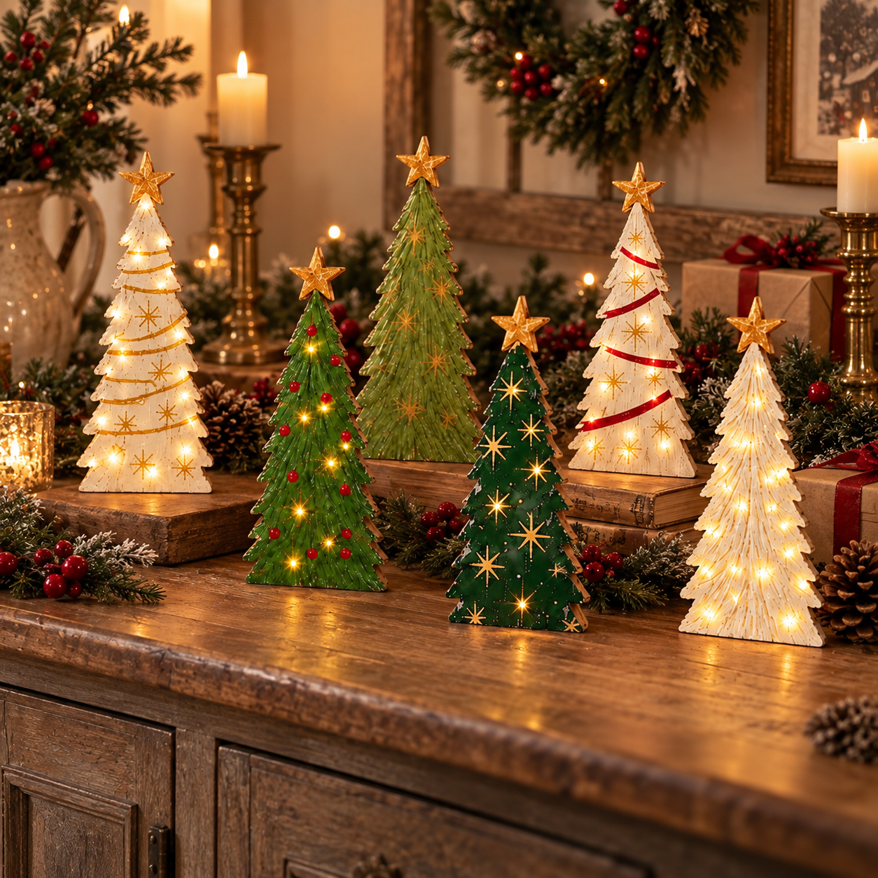 Vintage Lighted Wooden Christmas Trees – Set of 6
