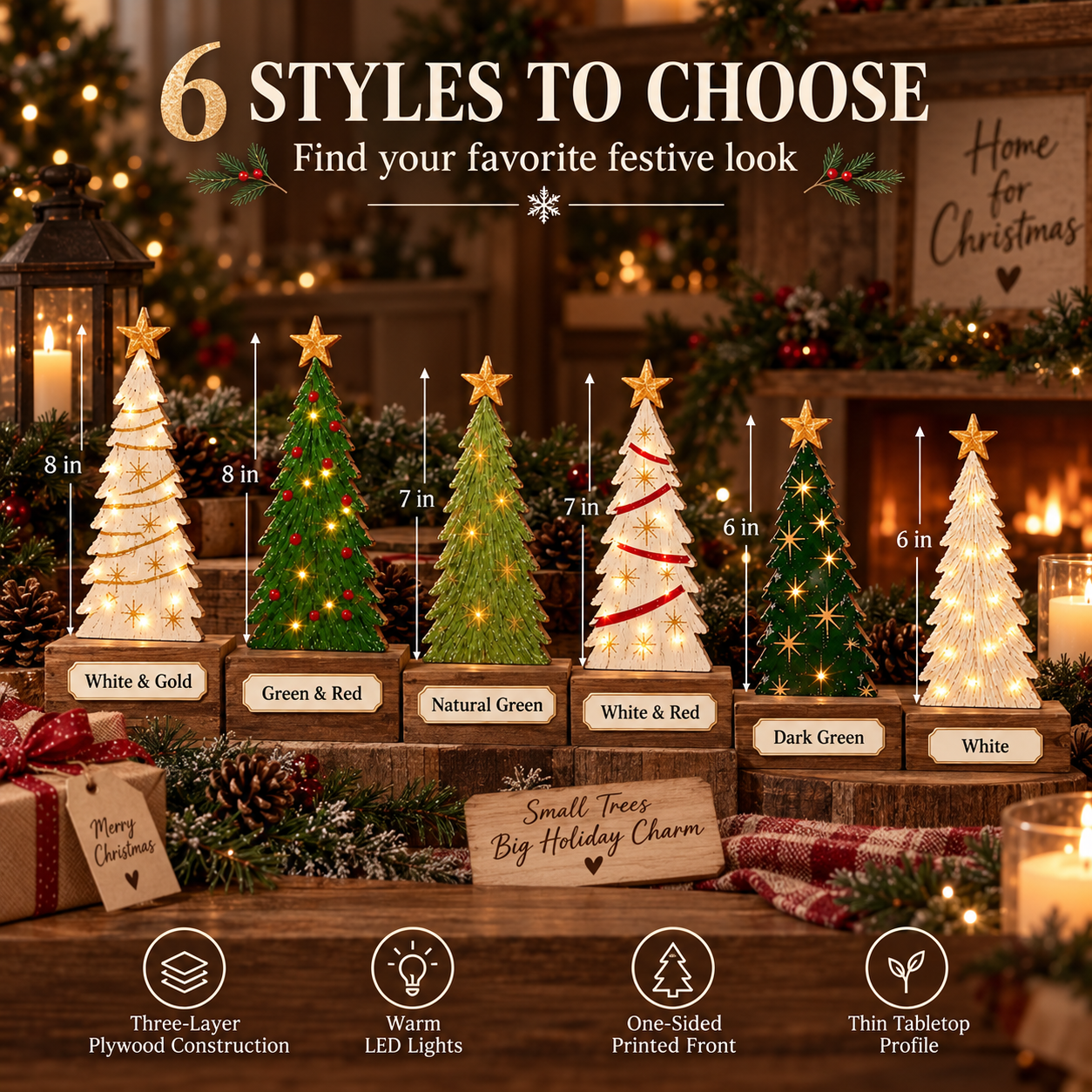 Vintage Lighted Wooden Christmas Trees – Set of 6