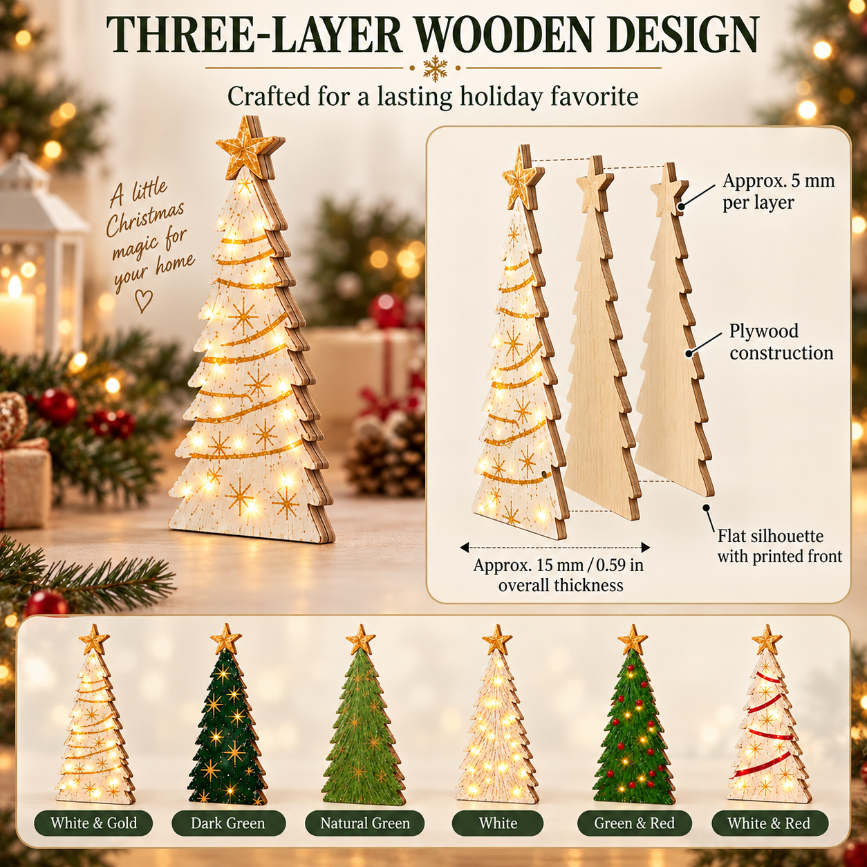 Vintage Lighted Wooden Christmas Trees – Set of 6