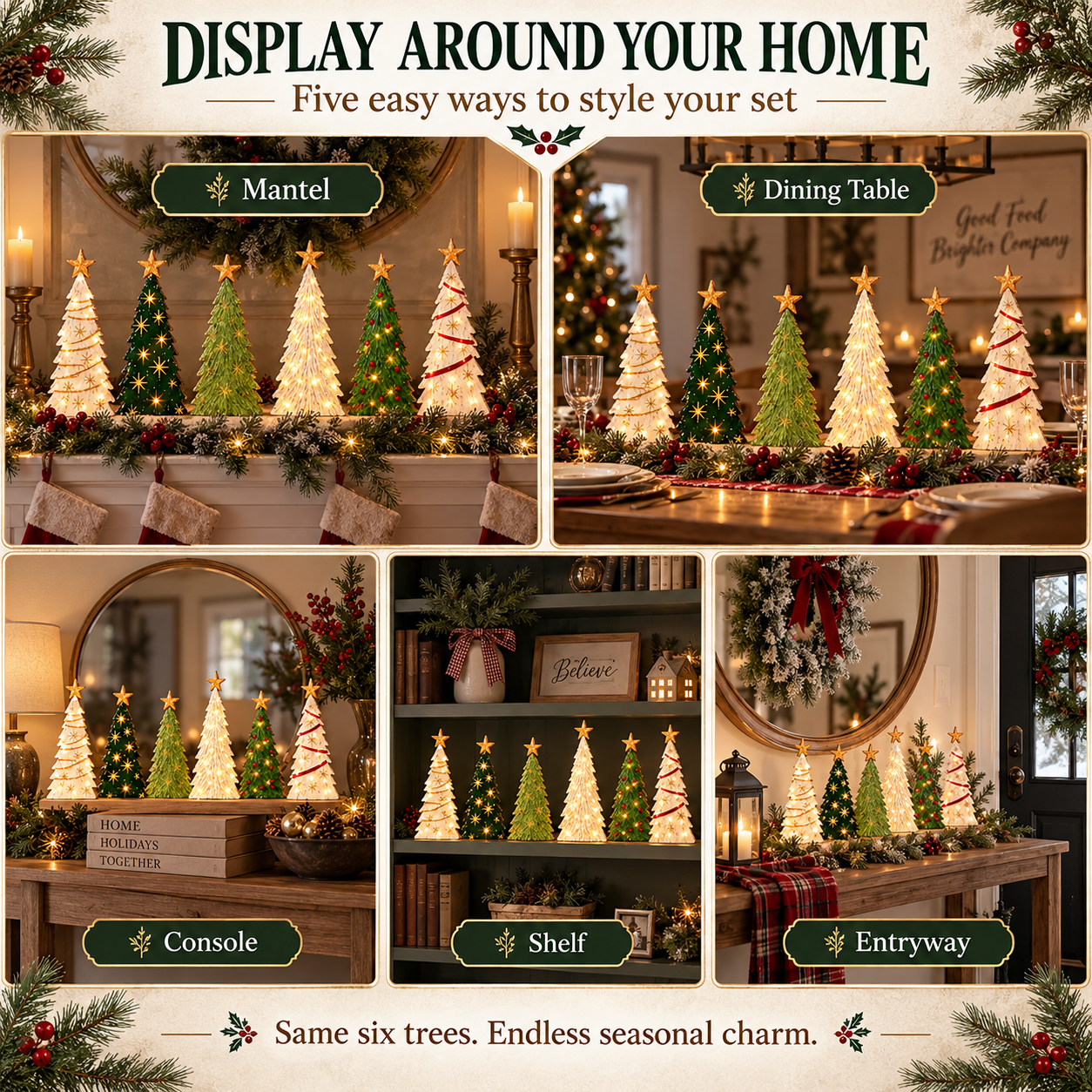 Vintage Lighted Wooden Christmas Trees – Set of 6