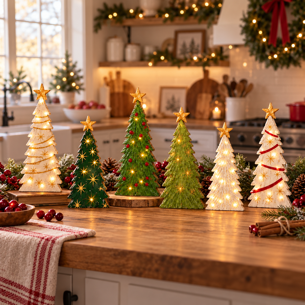 Vintage Lighted Wooden Christmas Trees – Set of 6
