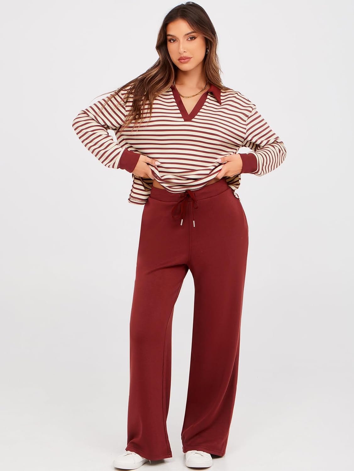 Women's 2 Piece Sets Outfits Casual Long Sleeve Sweatsuits Polo Top and Wide Leg Pants Matching Sets