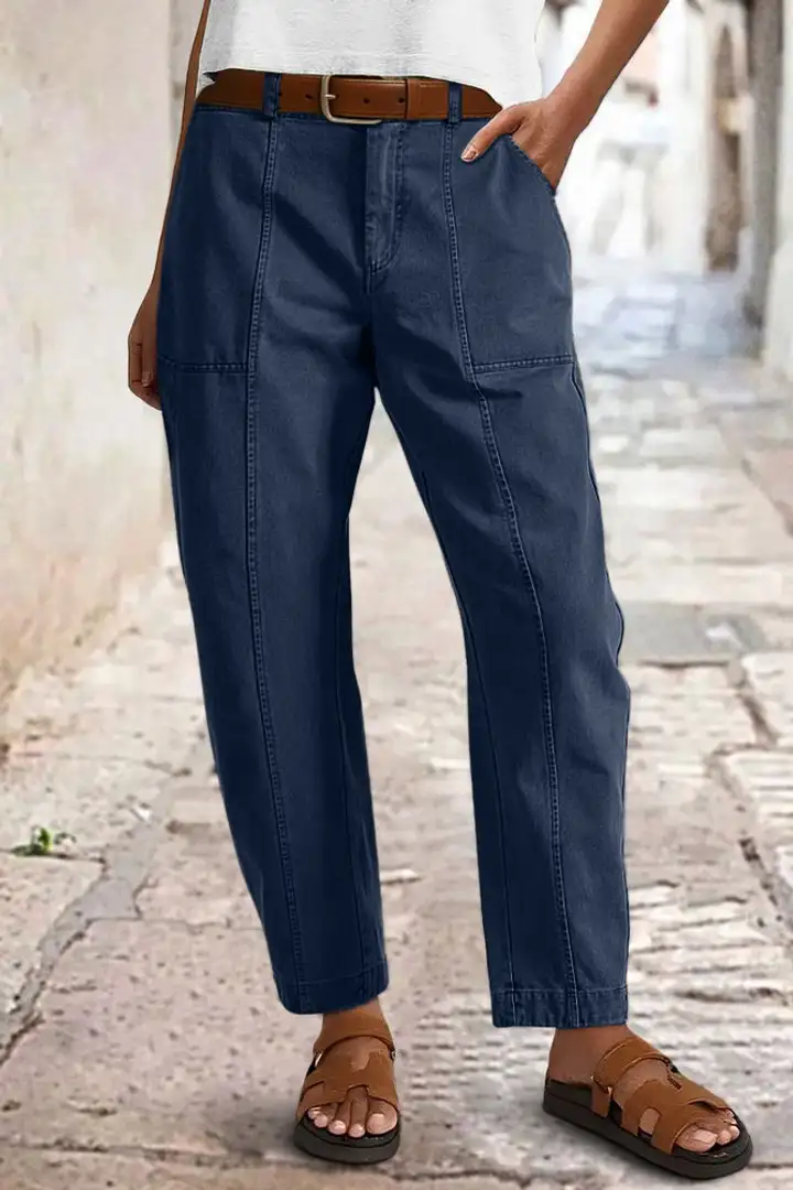 ⚡FINAL SALE⚡- Solid Stitch Detail Mid Waist Barrel Leg Pants Without Belt