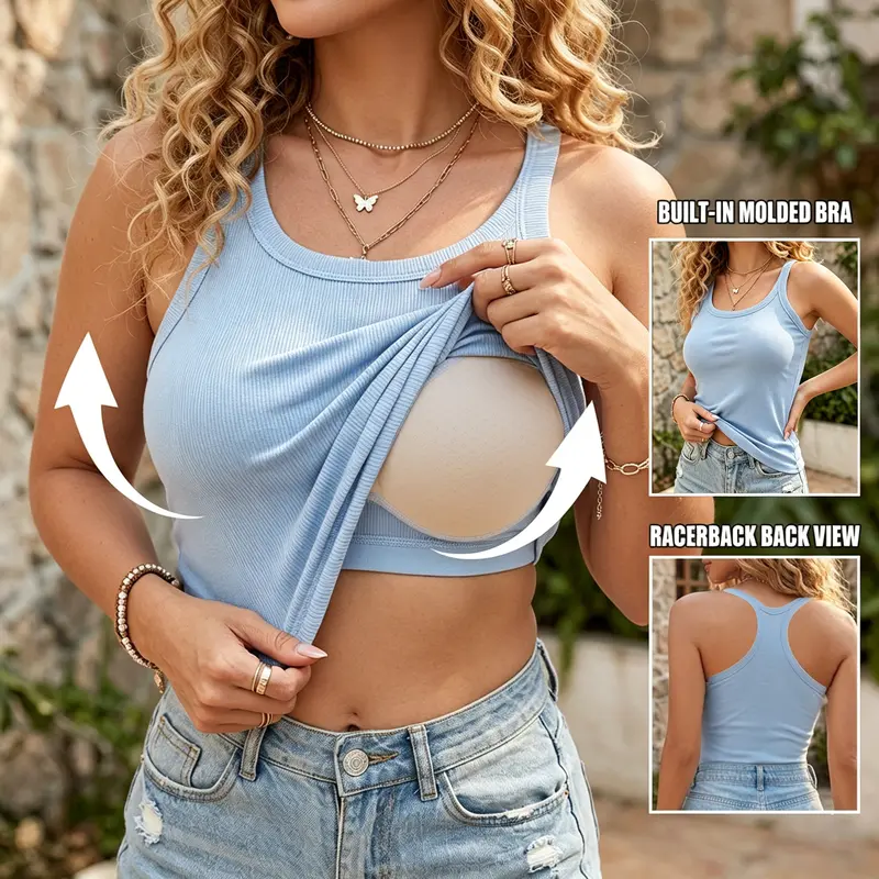 🔥Women'S Ribbed Tank Top With Built-In Bra🔥8-Pack - All Colors Included