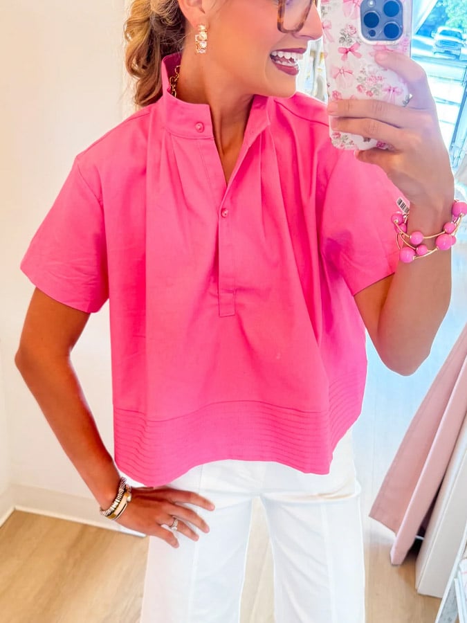 ✨Pink Stand Collar Short Sleeve Top