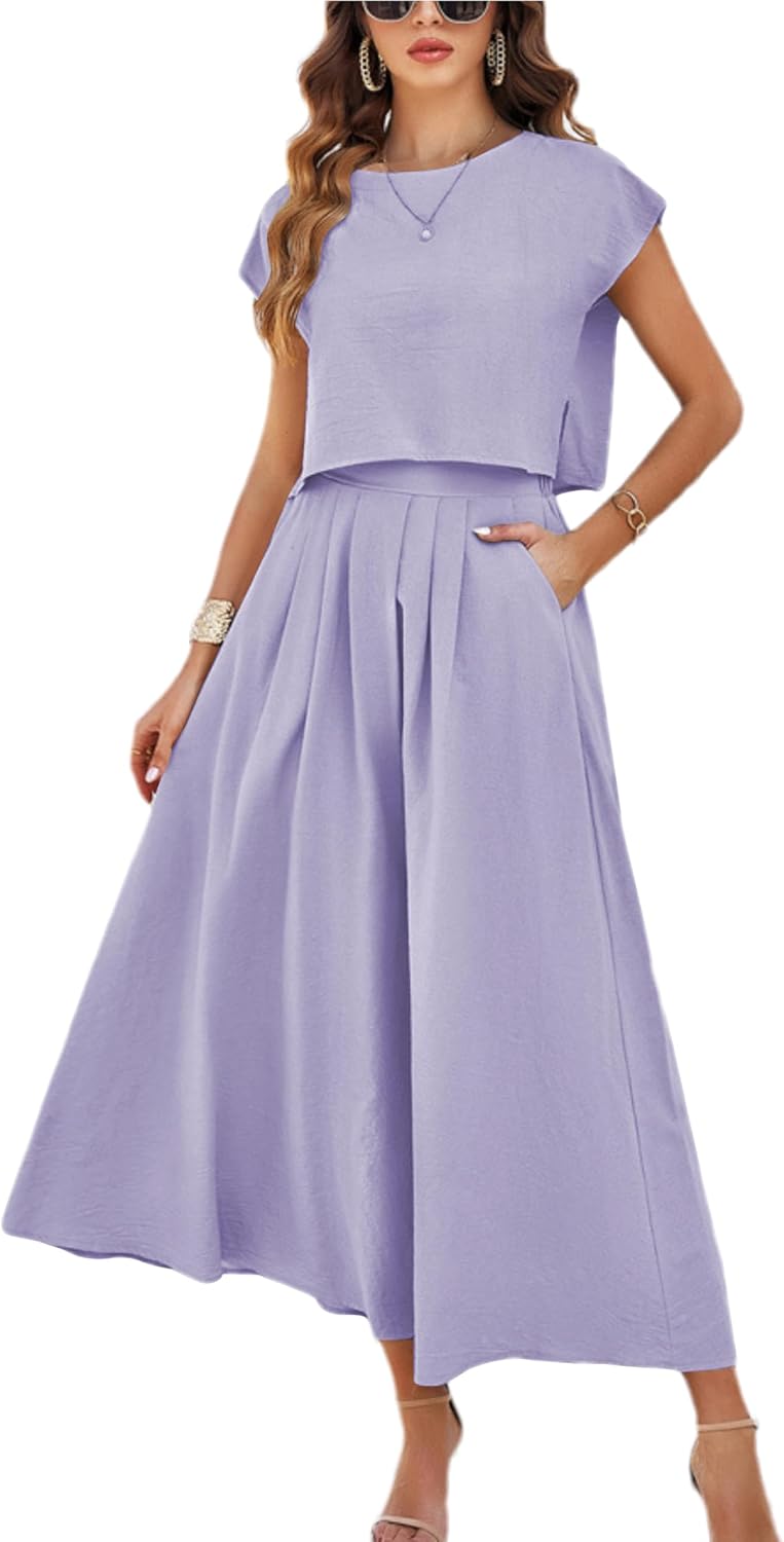 Summer Skirt Sets Women 2 Piece Outfits Cap Sleeve Top Elastic Waist Maxi Dress Sets with Pockets