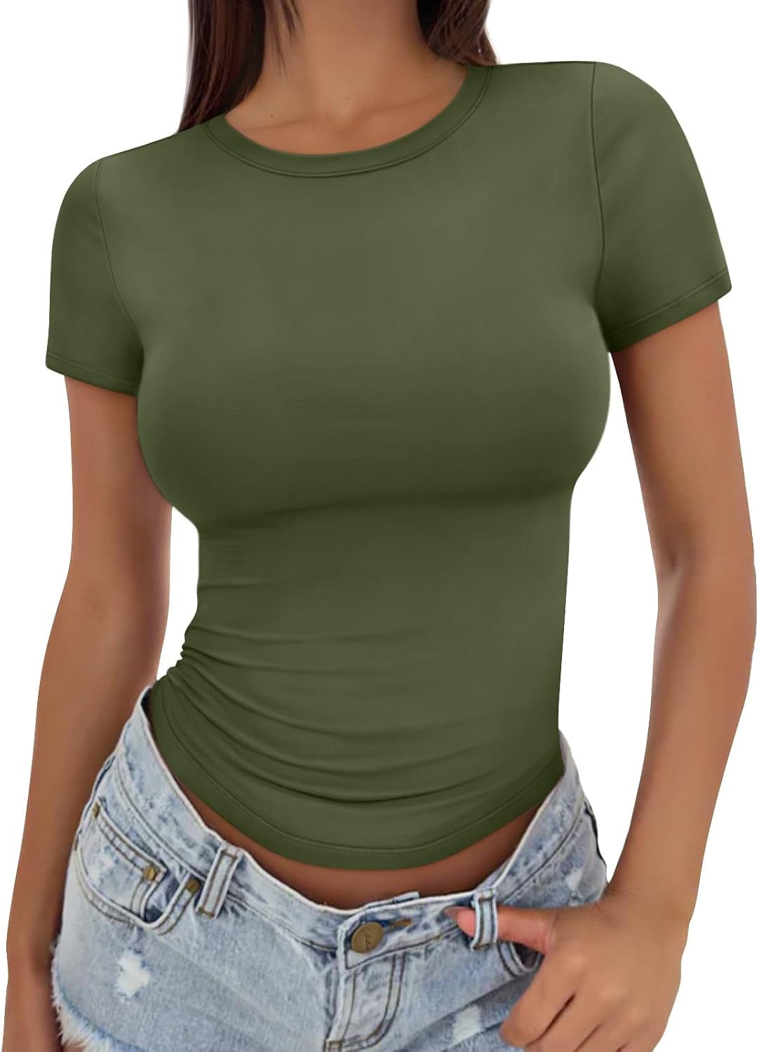 Womens Basic T Shirts - Stretchy Soft Slim Fit Short Sleeve Y2k Cute Summer Crop Workout Tops